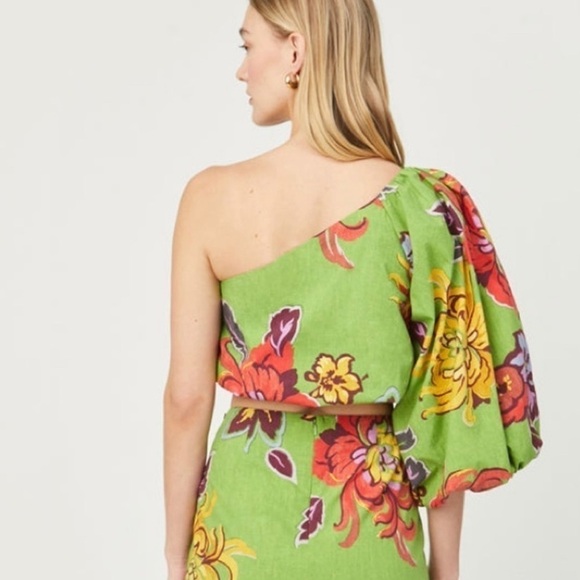 RHODE Kristie One Shoulder Puff Sleeve Top in Green Lanai Print. Size 0 NWT - Picture 3 of 8